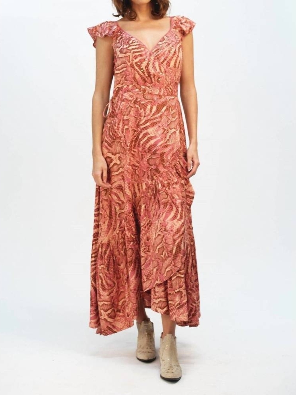 NWT Z&L Floral Pink Wrap Maxi Dress with Ruffled Shoulders 100% Viscose Size S